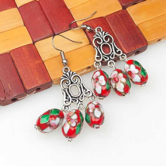 Unique Red and White and Green Decorative Tensha Beads Dangle Earrings for Women and Girls