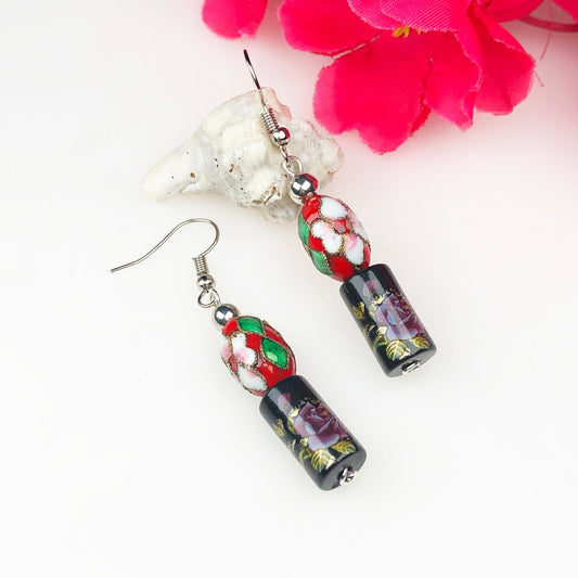 Beautiful Black and Pink Decorative Tensha Beads Dangle Earrings for Women and Girls