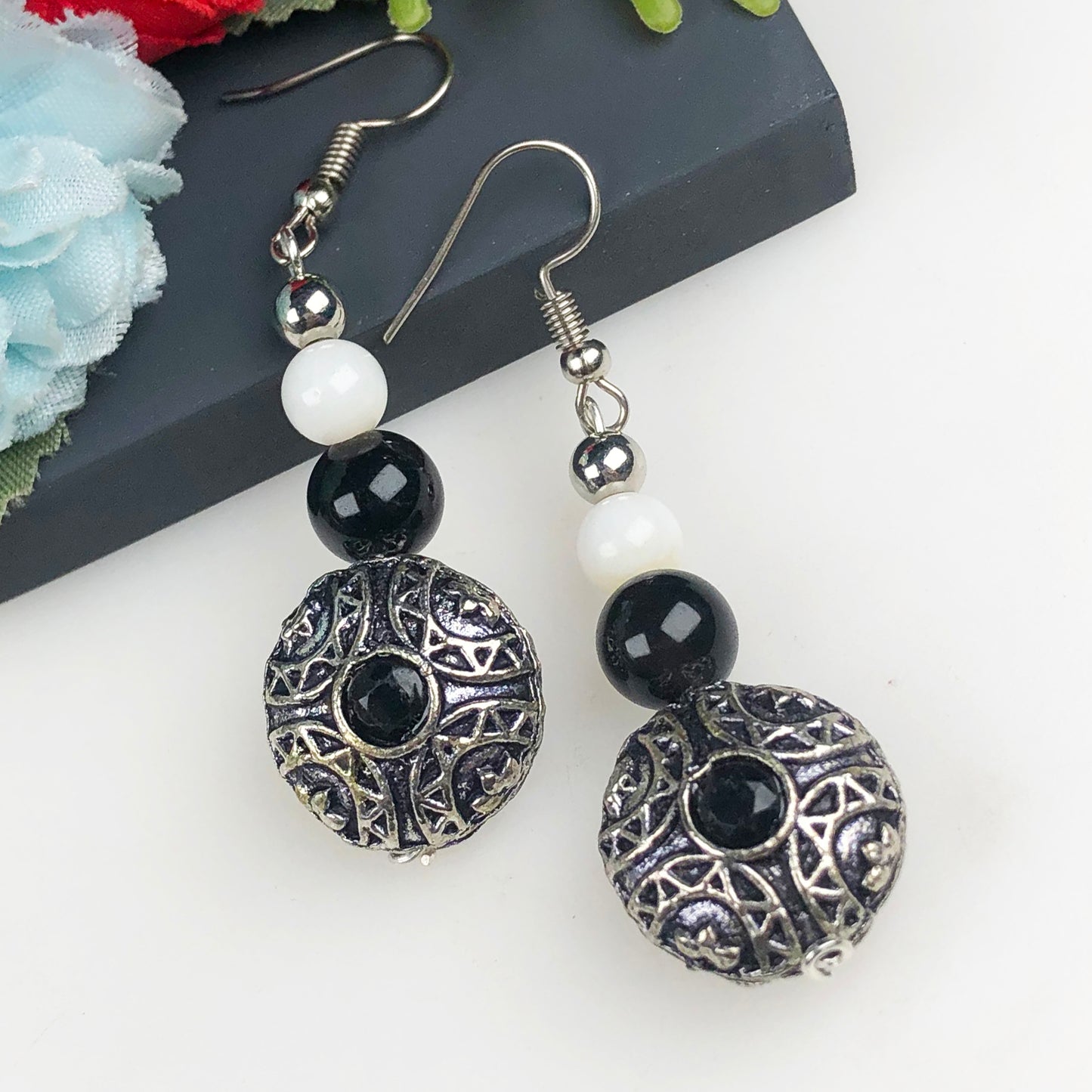 Natural Gemstone Dazzling Obsidian and Onyx Earrings for Women and Girls