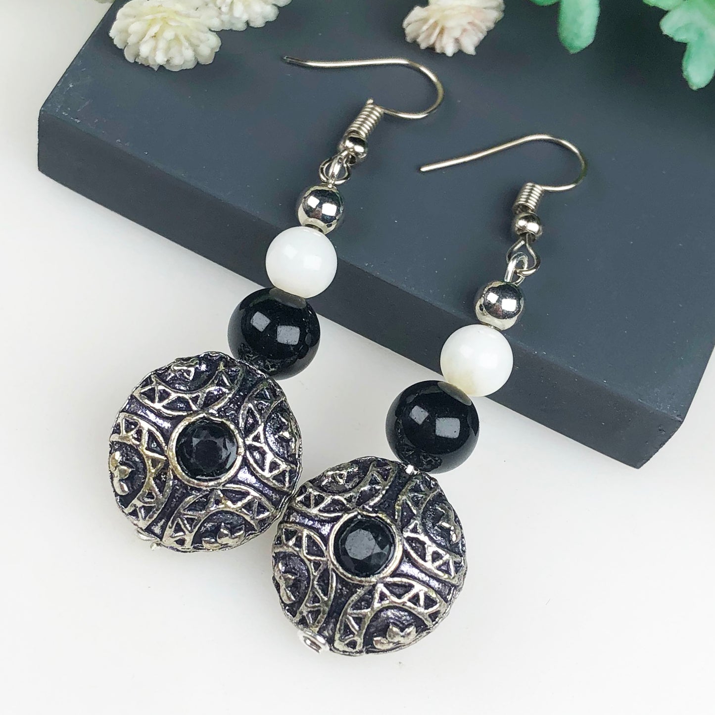 Natural Gemstone Dazzling Obsidian and Onyx Earrings for Women and Girls