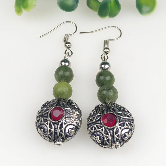 Natural Gemstone One of a kind Green Jasper and Pink Ruby Earrings for Women and Girls