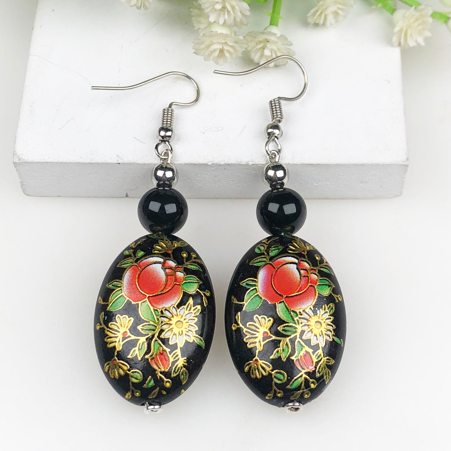 Natural Gemstone Gracious Obsidian and Tensa Beads Earrings for Women and Girls