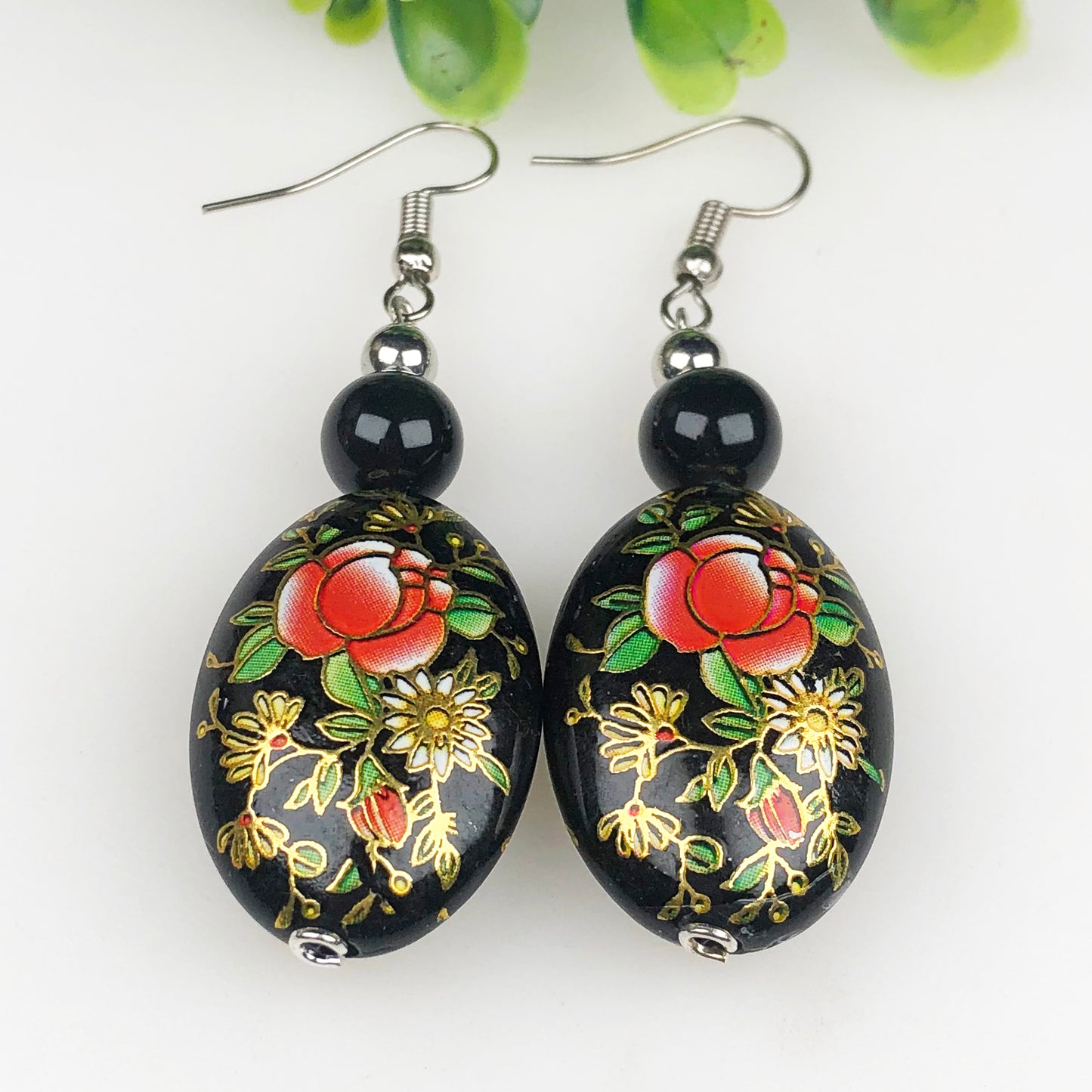 Natural Gemstone Gracious Obsidian and Tensa Beads Earrings for Women and Girls