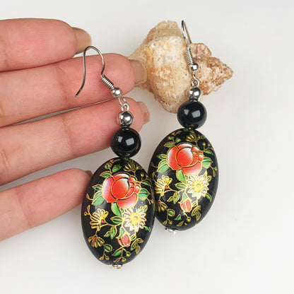 Natural Gemstone Gracious Obsidian and Tensa Beads Earrings for Women and Girls