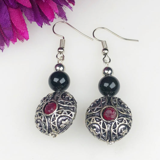 Natural Gemstone Wonderful Red Ruby and Obsidian Earrings for Women and Girls