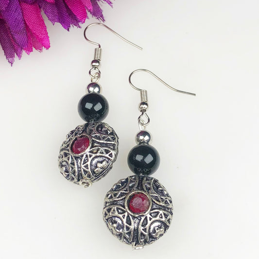 Natural Gemstone Wonderful Red Ruby and Obsidian Earrings for Women and Girls