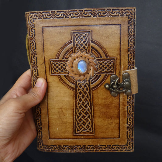 Real Moonstone Cross Design Leather Journal