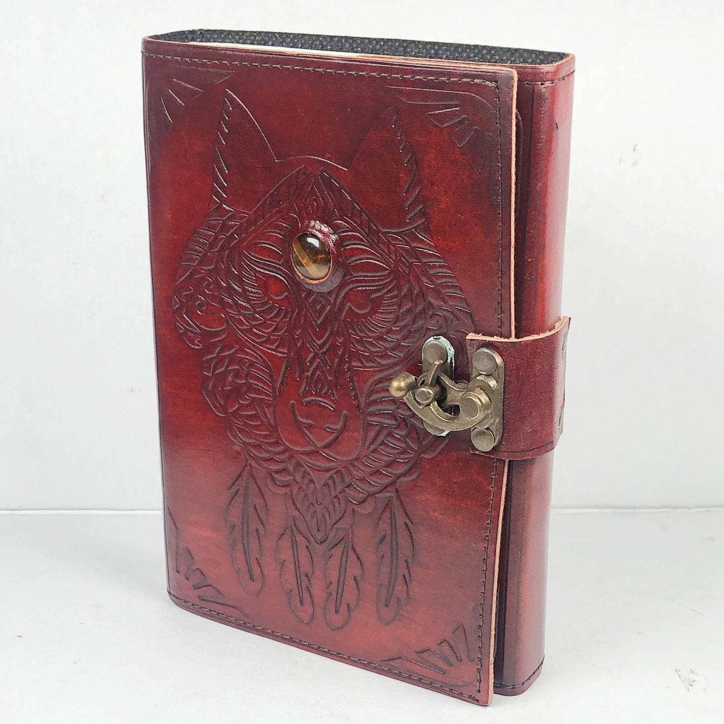 Leather Journal with Tiger Eye Wolf Gemstone