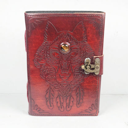 Leather Journal with Tiger Eye Wolf Gemstone