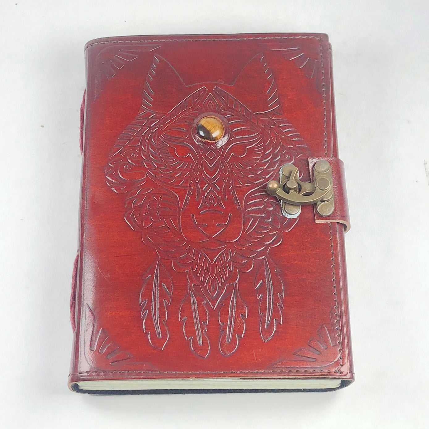 Leather Journal with Tiger Eye Wolf Gemstone