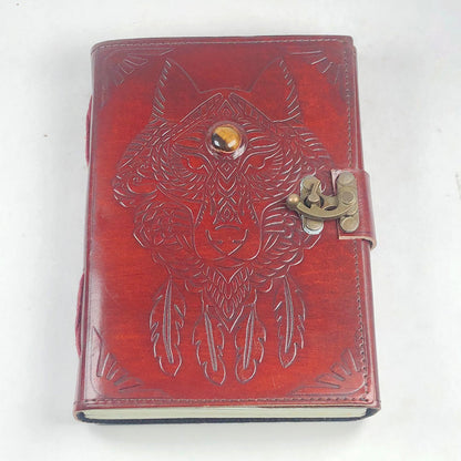 Leather Journal with Tiger Eye Wolf Gemstone