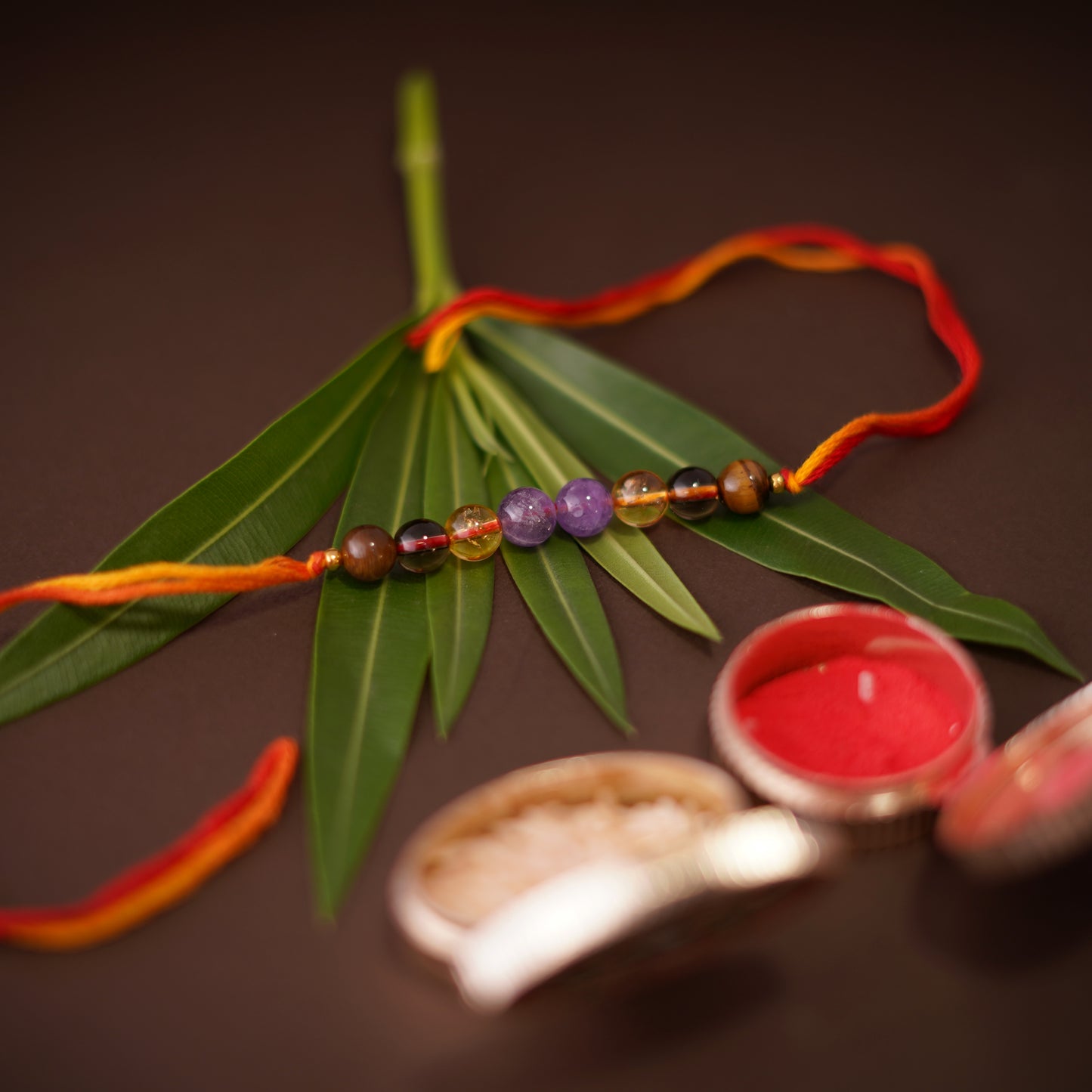 Tiger Eye Citrine Amethyst and Smoky Quartz Rakhi for boys and men