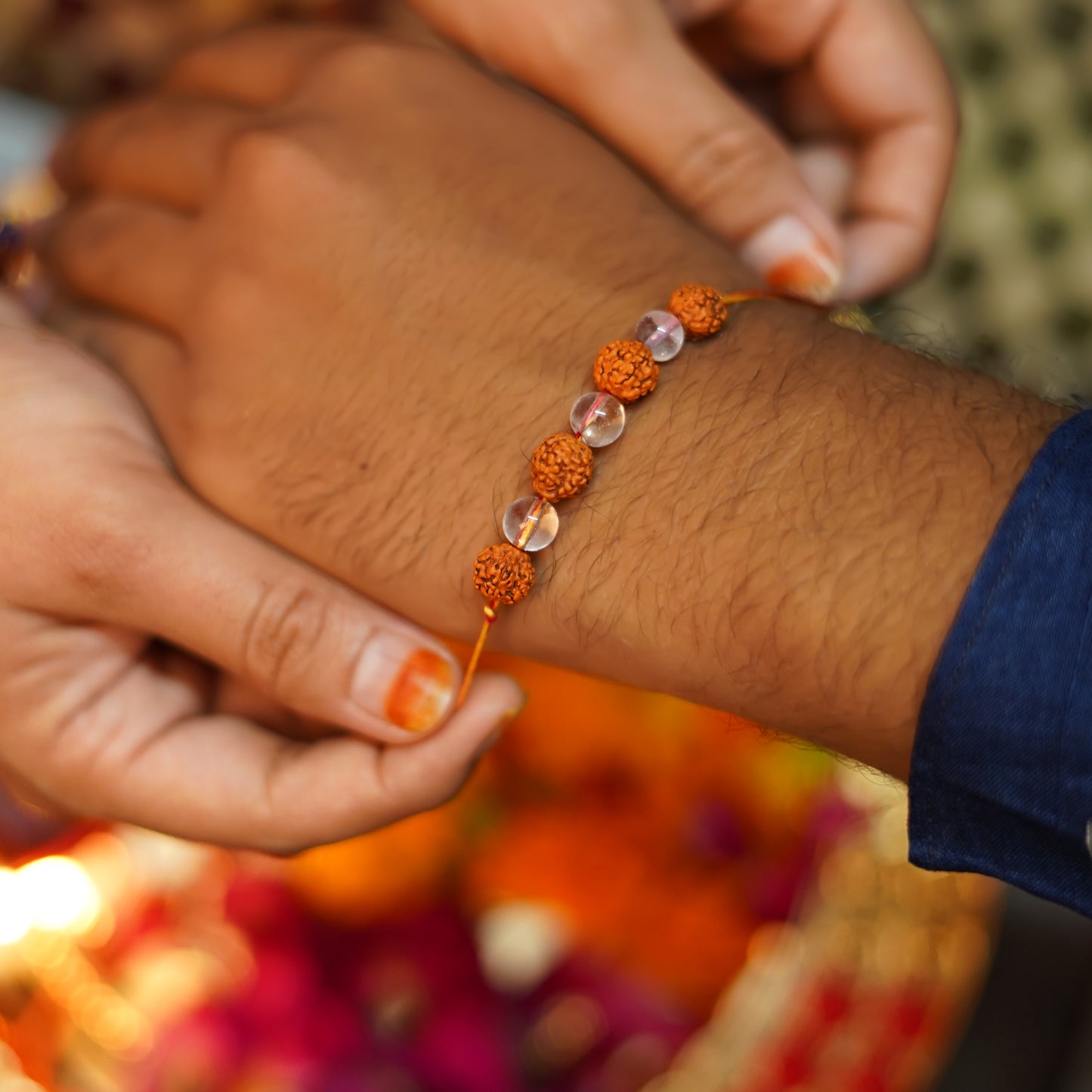 Gemstone Clear Quartz and Rudraksha Rakhi for boys and men