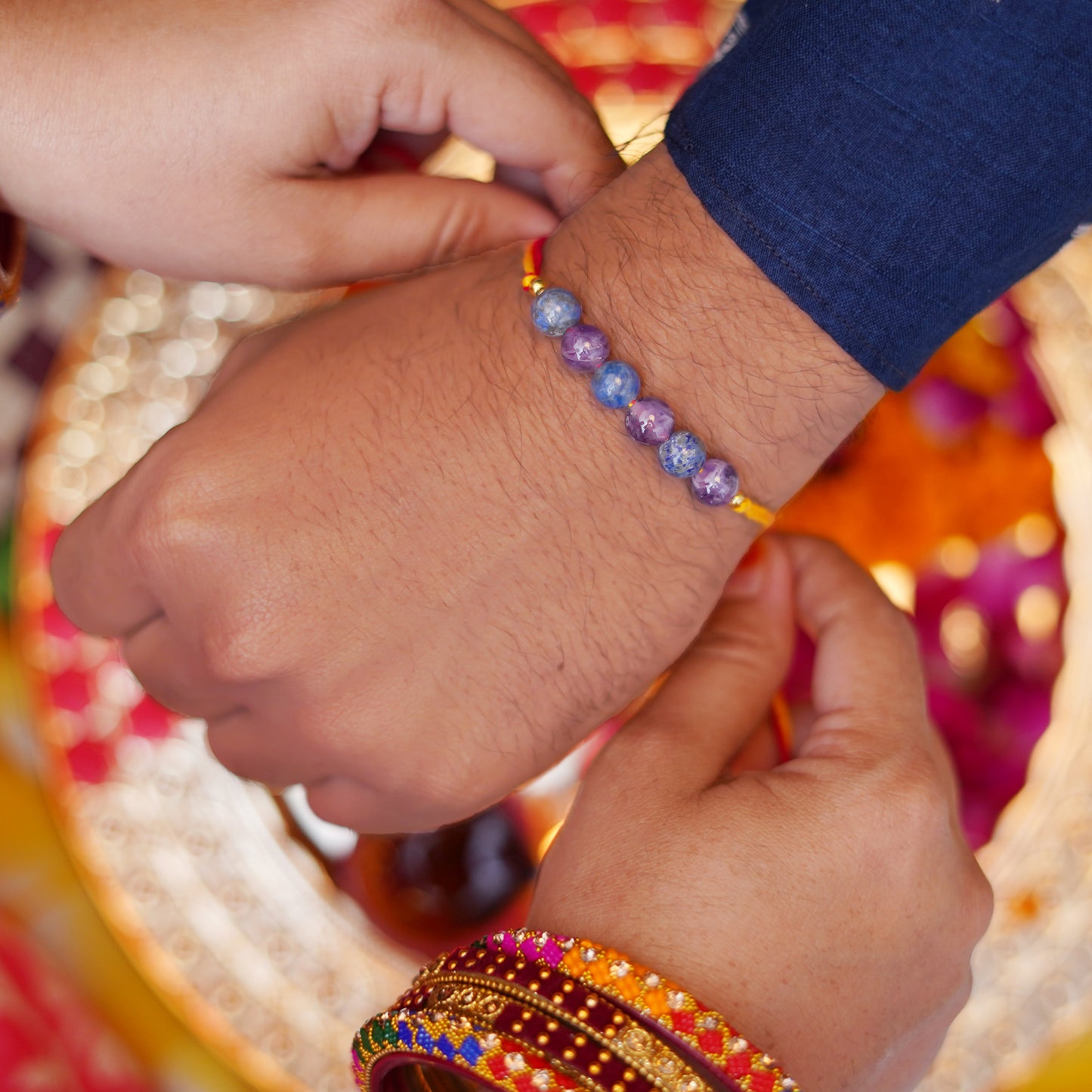 Gemstone Lapis Lazuli and Amethyst Rakhi for boys and men