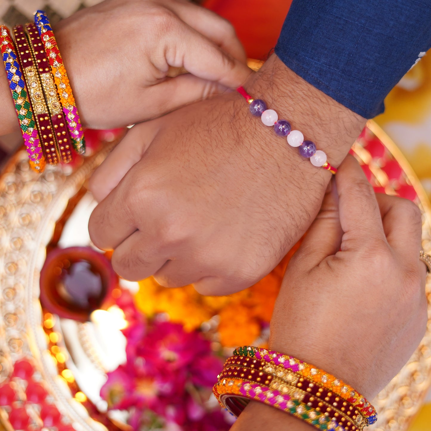 Gemstone Amethyst and Rose Quartz Rakhi for boys and men