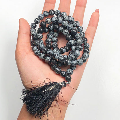 Gray Snow Flakes Obsidian 108 Beads Mala/Necklace