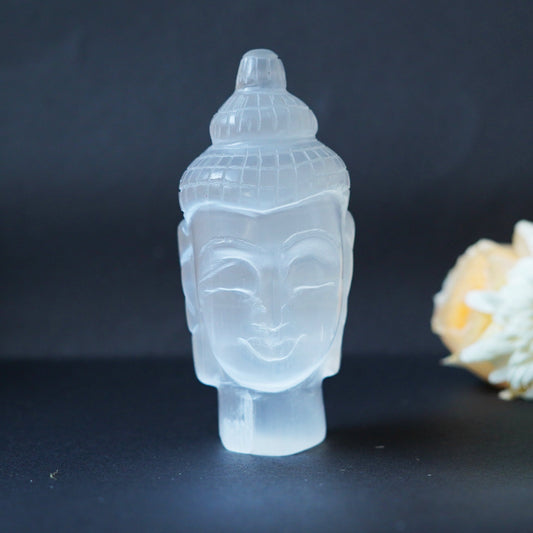 White Selenite Lord Buddha Head Carving