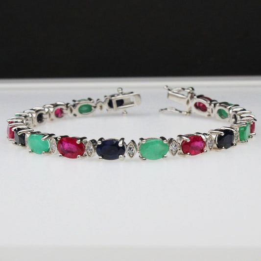 One of a kind Pink Ruby Sapphire Emerald Sterling Silver Bracelet