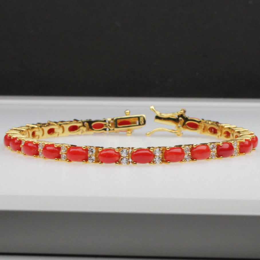 Elegant Red Coral with Gold Finish Sterling Silver Bracelet