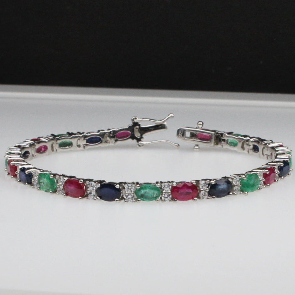 Wonderful Pink Ruby Emerald Sapphire Sterling Silver Bracelet