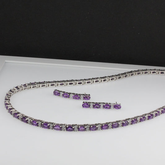 Impressive Purple Amethtyst Sterling Silver Necklace Earrings Set