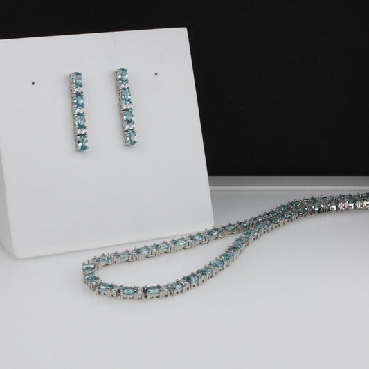 Wonderful Blue Zircon Sterling Silver Necklace Earrings Set