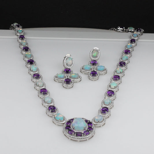 Amazing Amethyst Opal Sterling Silver Necklace Earrings Set