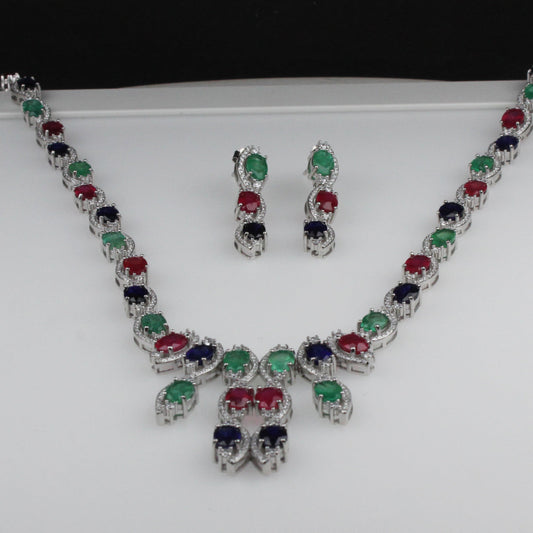 Elegant Ruby Emerald Sapphire Sterling Silver Necklace Earrings Set