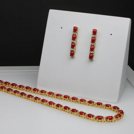 Wonderful Red Coral with Gold Finish Sterling Silver Necklace Earrings Set