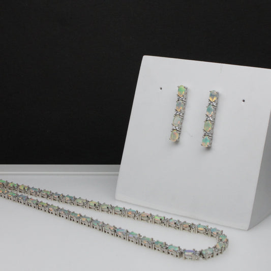 Elegant Opal Sterling Silver Necklace Earrings Set