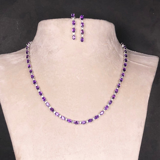 Elegant Purple Amethyst Sterling Silver Necklace Earrings Set