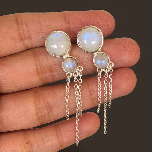 Awesome Blue Flash Moonstone Sterling Silver Earrings