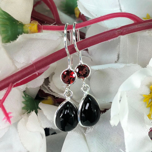 One of a kind Black Spinel and Red Garnet Sterling Silver Earring