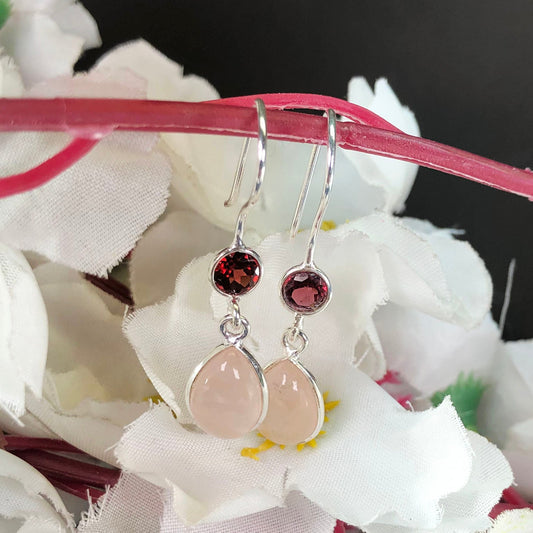 Amazing Rose Quartz and Red Garnet Sterling Silver Earring