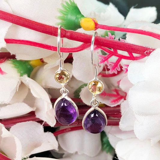 One of a kind Citrine and Amethyst Sterling Silver Earring