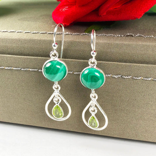 One of a kind Peridot and Malachite Sterling Silver Earring