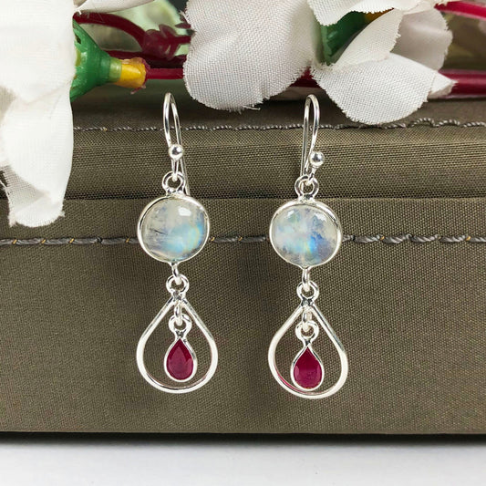 Gorgeous Ruby and Moonstone Sterling Silver Earring