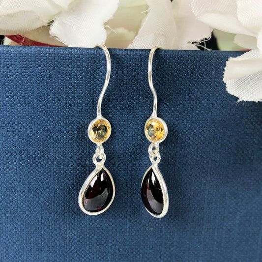 Pretty Red Garnet and Citrine Sterling Silver Earring